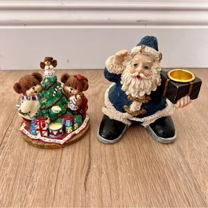 Vintage Santa Christmas Candle Stick Holder & Bears Christmas Tree Figurine 2 Pc